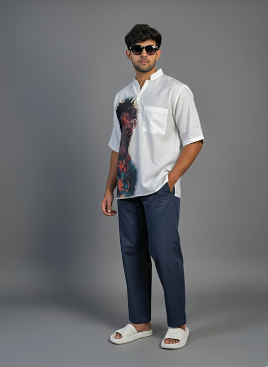 Men’s Half Sleeve Kurta– Afro Sunglasses Print (White)