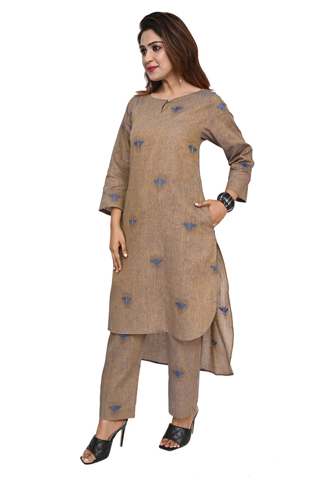 Nirmal online Premium cotton co-ord set kurti for Women in Brown colour with Honey bee embroidery