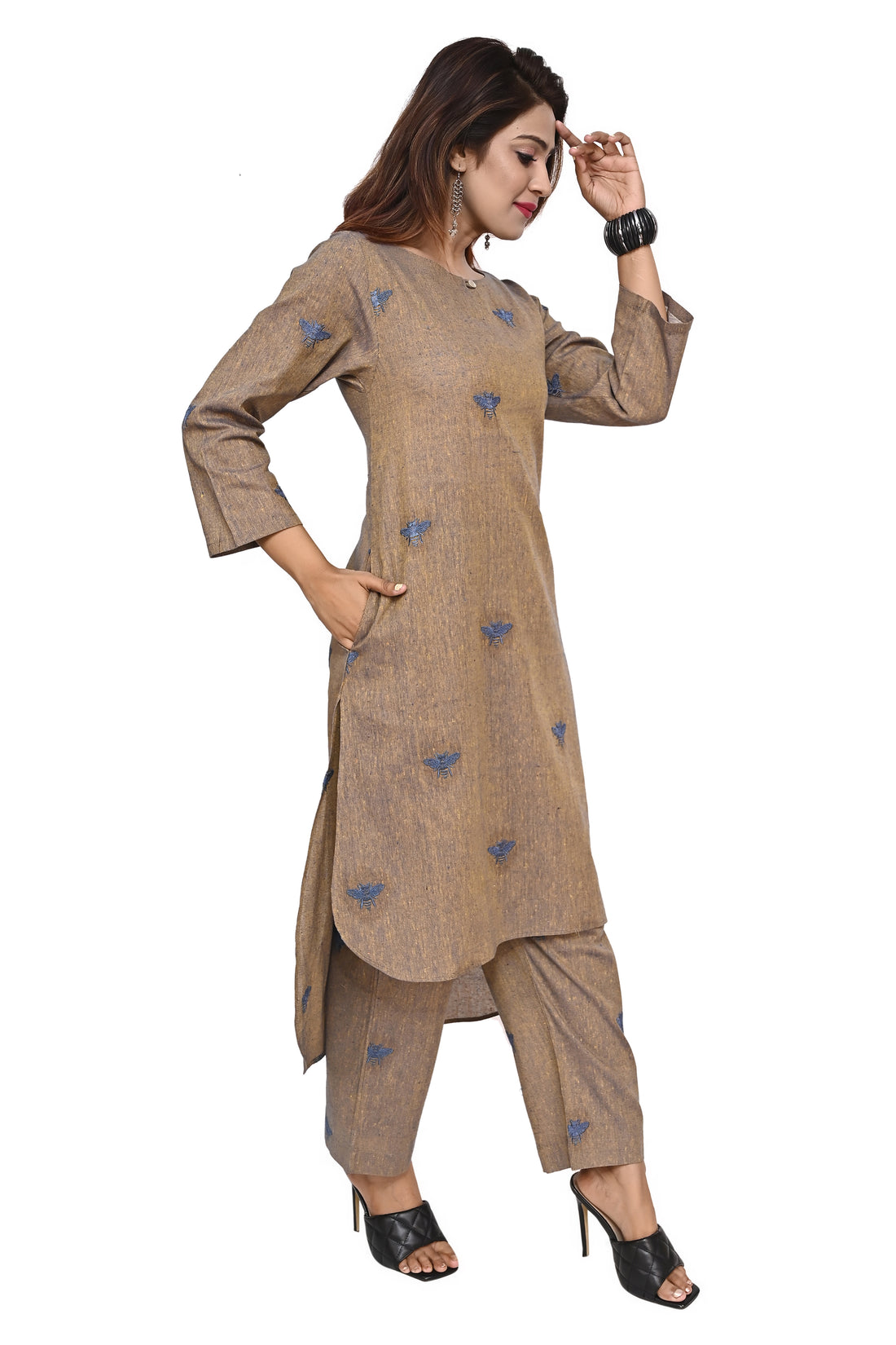 Nirmal online Premium cotton co-ord set kurti for Women in Brown colour with Honey bee embroidery