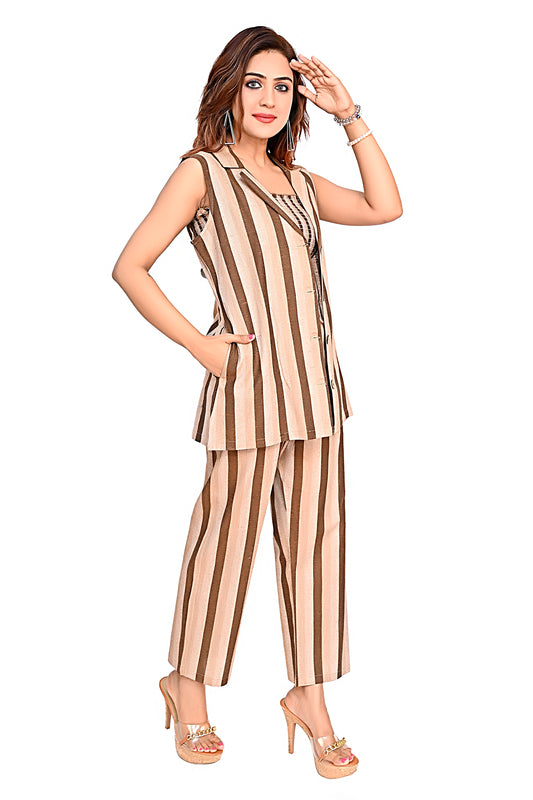 WomenStriped Co-Ord Set with Sleeveless Jacket & Pants