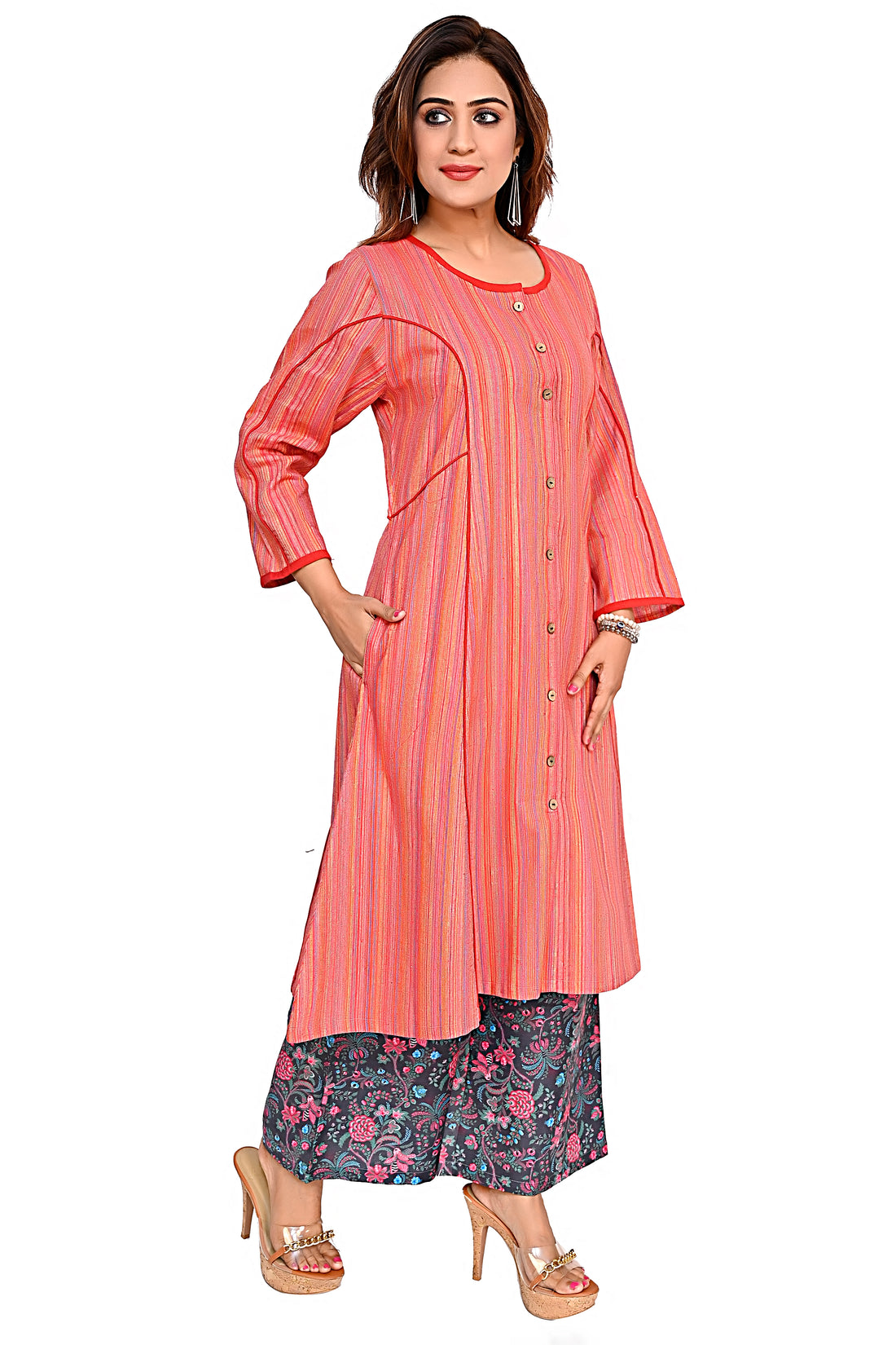 Nirmal Online Premium Cotton co-ord set for Women in Red Colour Stripe
