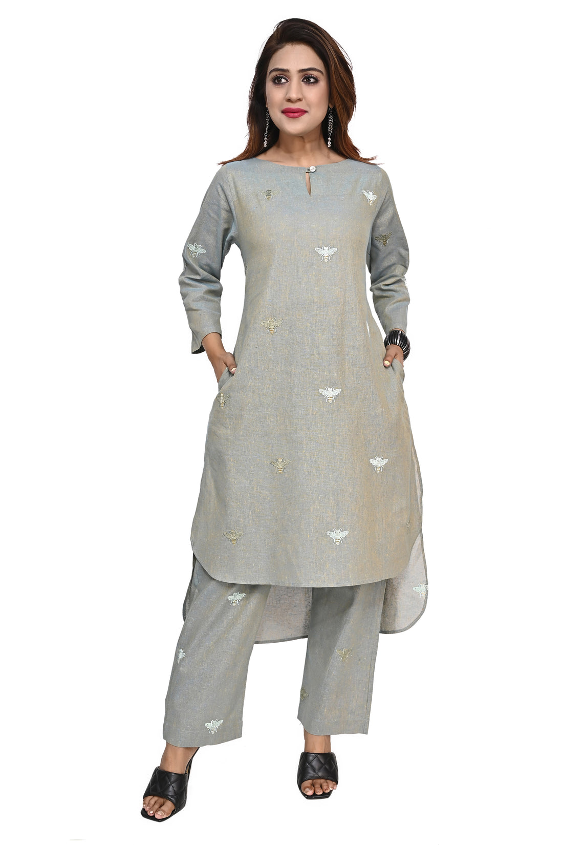 Nirmal online Premium cotton co-ord set kurti for Women in Grey colour with Honey bee embroideryd set