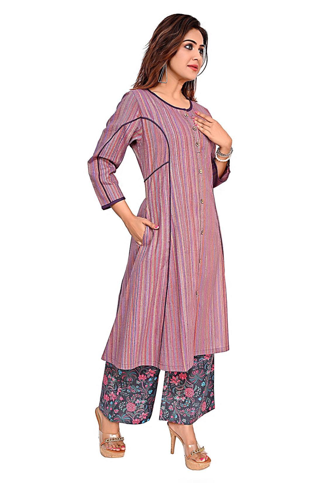 Nirmal Online Premium Cotton co-ord set for Women in Purple Colour Stripe