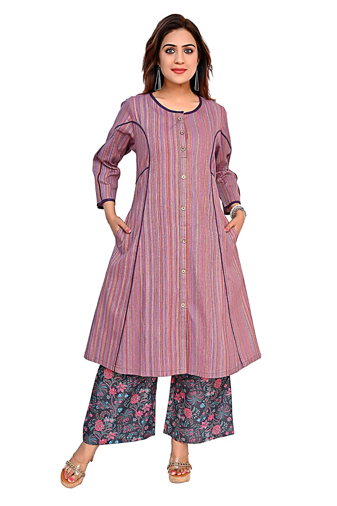 Nirmal Online Premium Cotton co-ord set for Women in Purple Colour Stripe