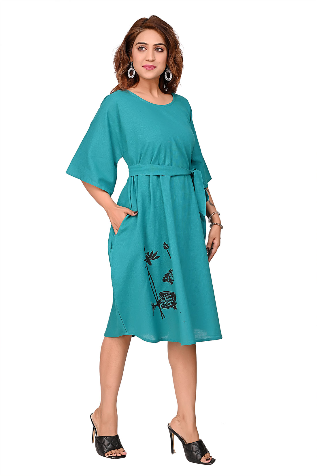 Nirmal online Premium Quality Cotton Slub Tunic Dress for Women in Teal Blue Colour