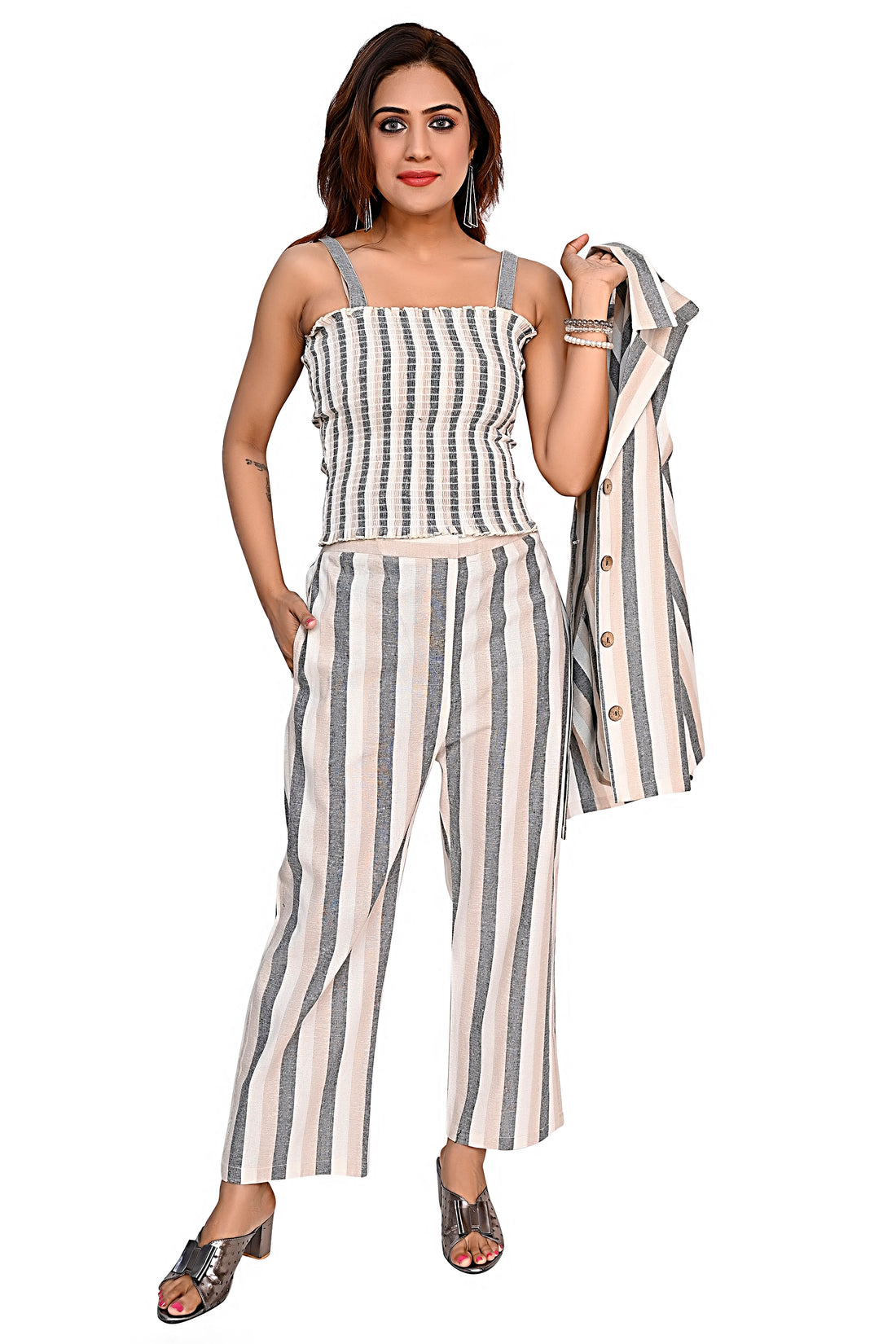 Nirmal online Premium Cotton Stripe co-ord set for Women in Grey Colour