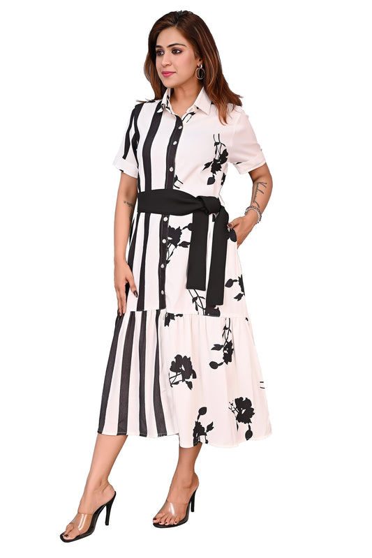 Women Printed Shirt Style Midi Dress with Belt