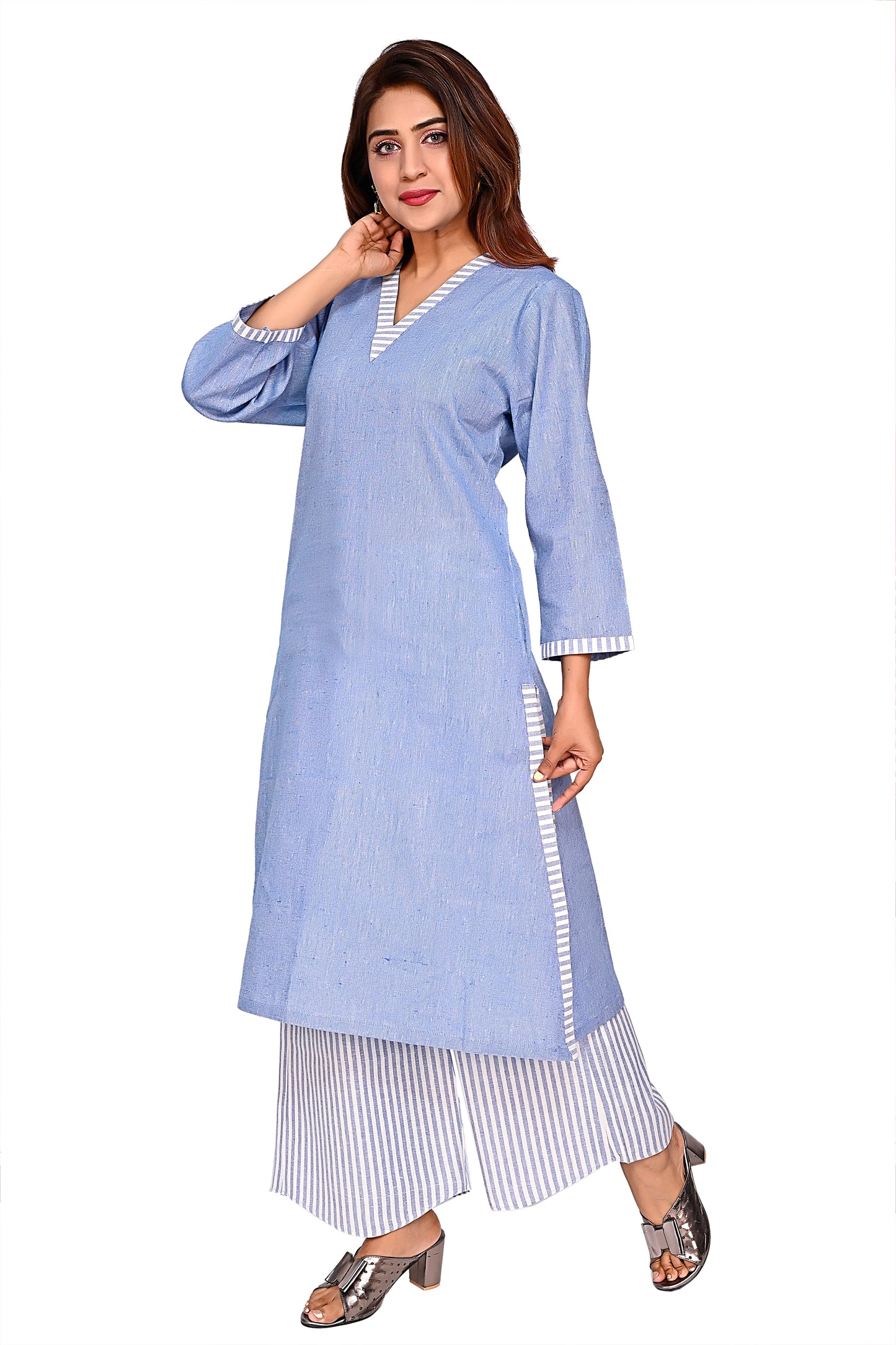 Blue Straight Kurta with Striped Palazzo Pants