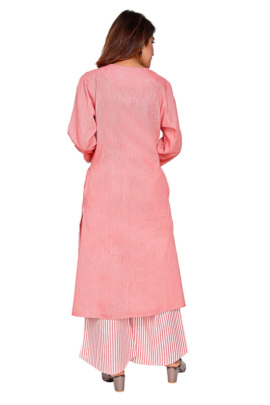 Light Red Straight Kurta with Striped Palazzo Pants