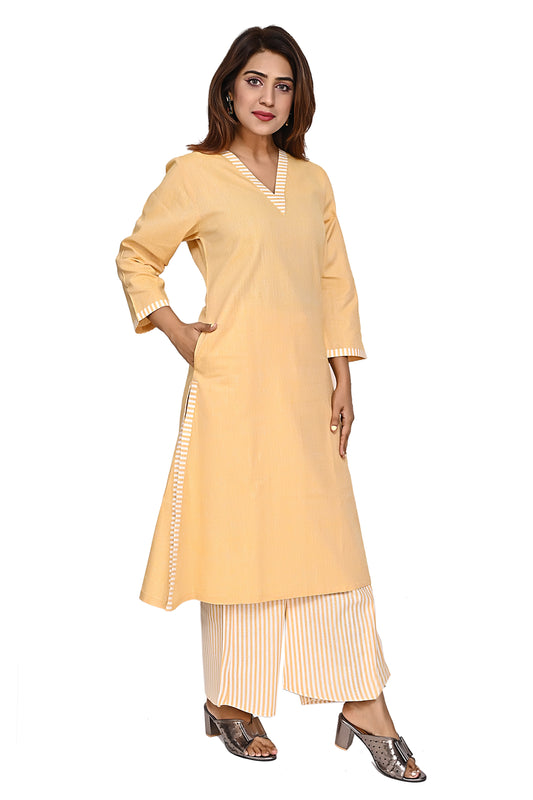 Yellow Straight Kurta with Striped Palazzo Pants