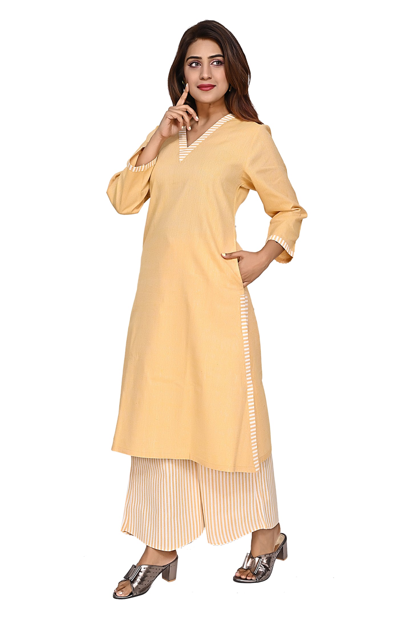 Yellow Straight Kurta with Striped Palazzo Pants