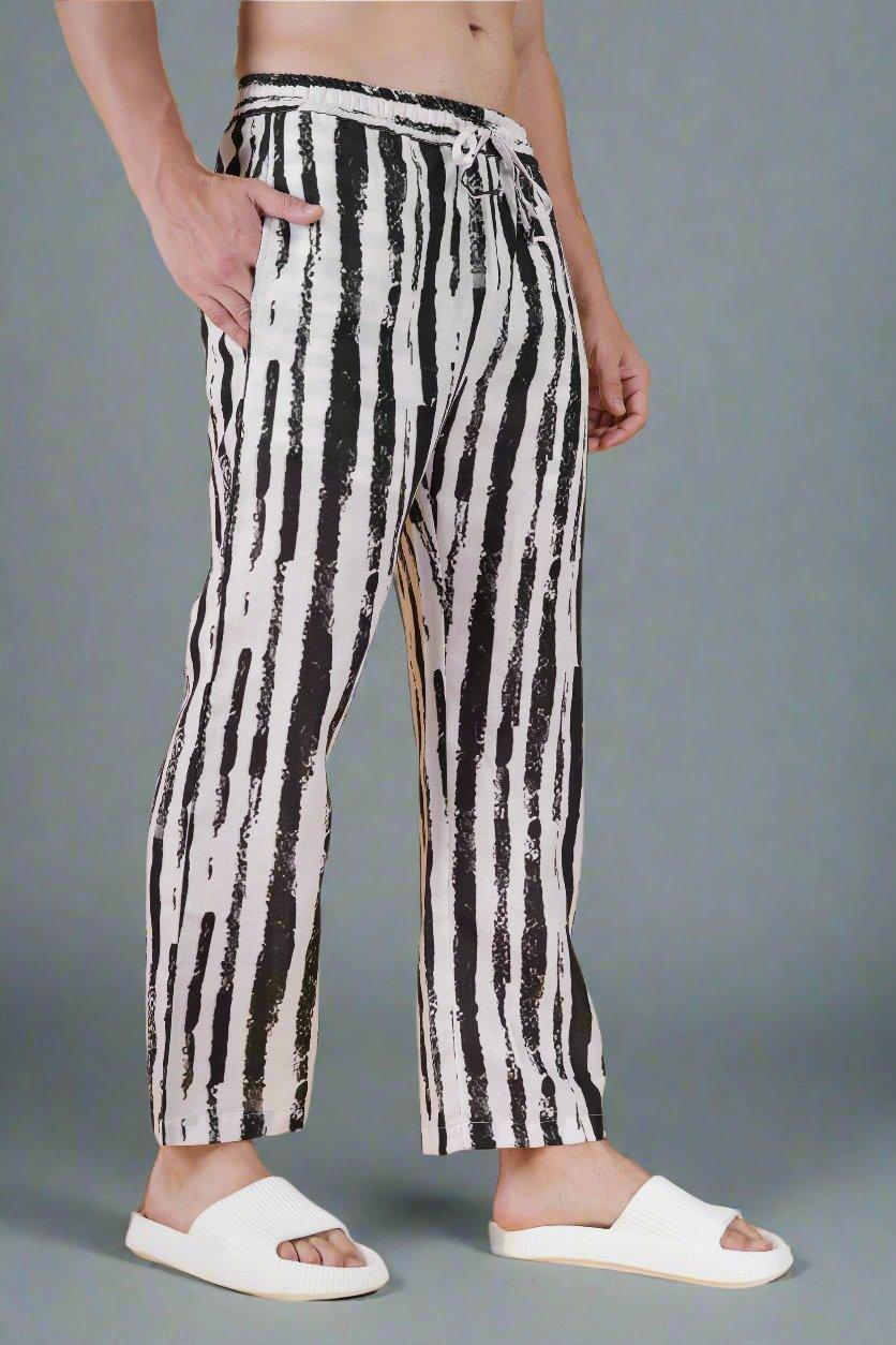 Rough Black Vertical Line Printed Gray Pajama