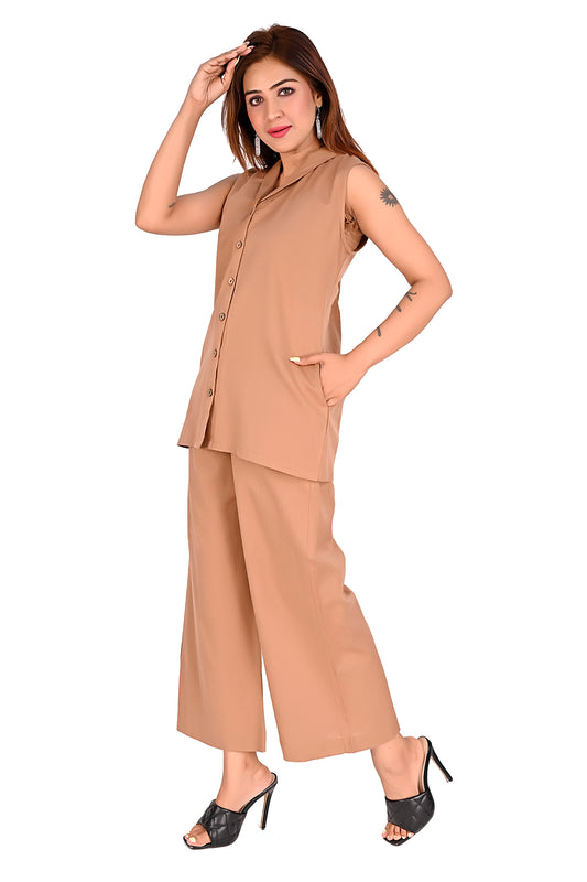Brown Sleeveless Button Front Co-Ord Set