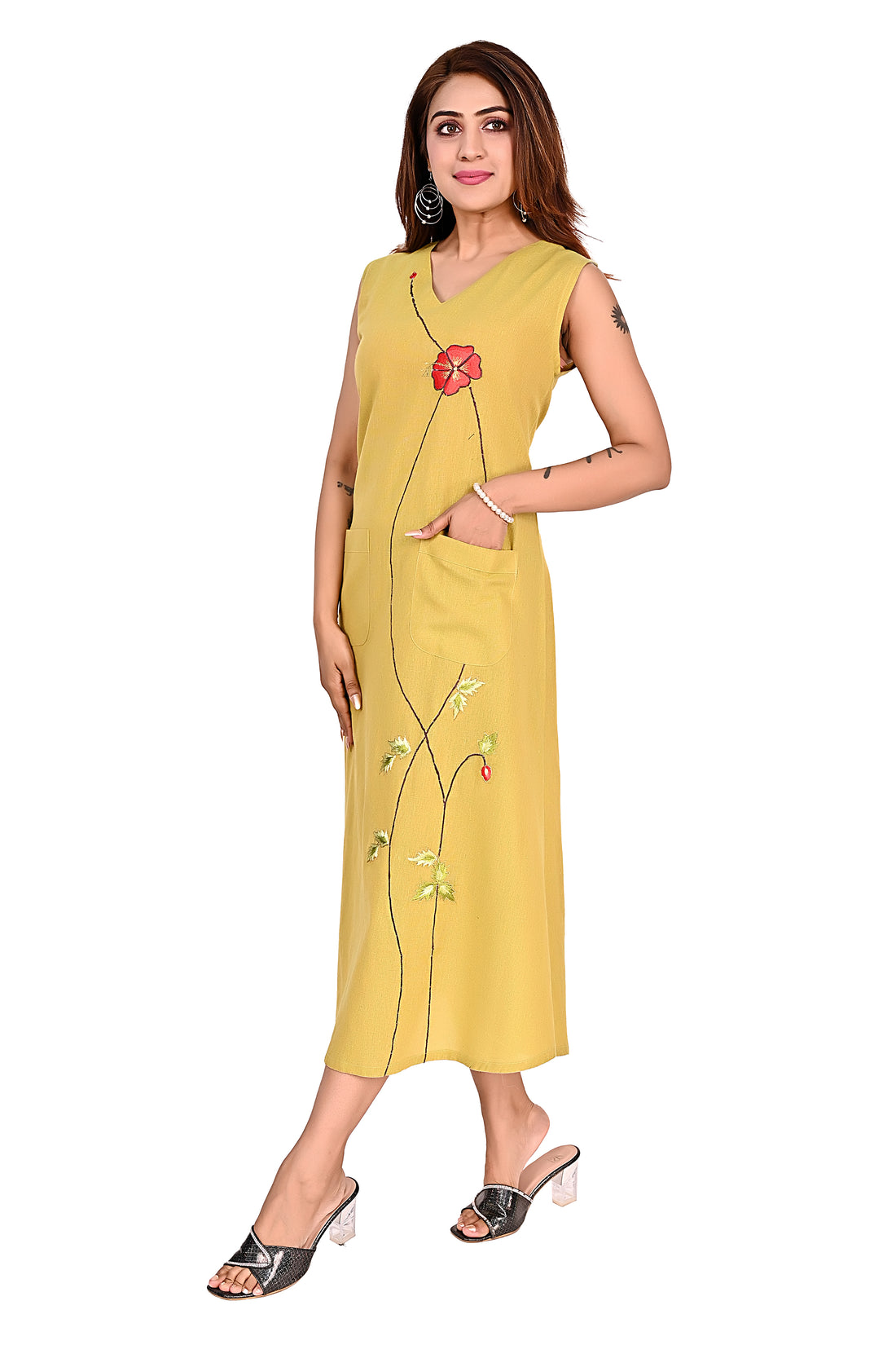 Nirmal online Premium cotton tunic Dress for Women in  Lemon green colour