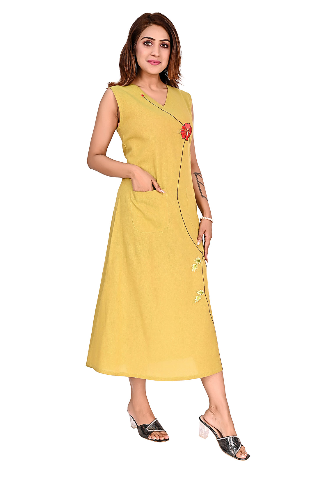 Nirmal online Premium cotton tunic Dress for Women in  Lemon green colour