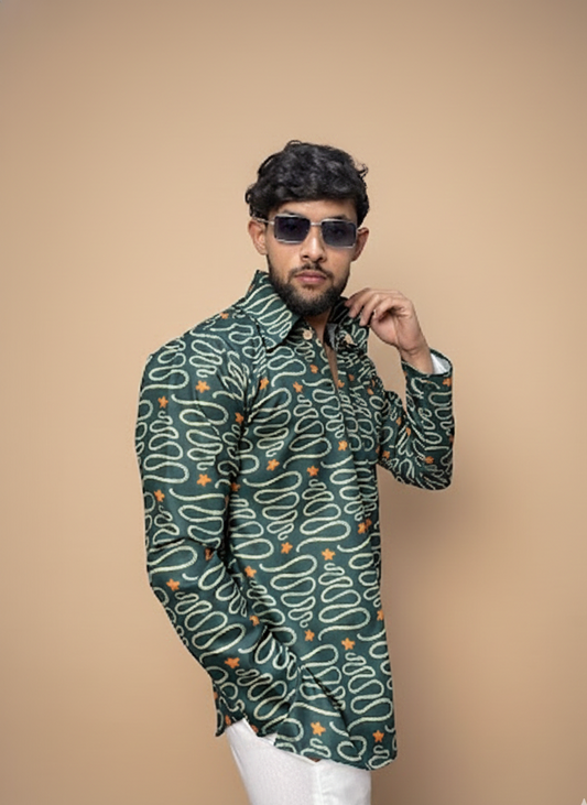 Men Green Designer Printed Kurta