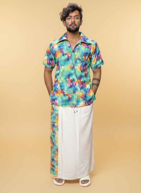 Men White Pajamalungi With Multicolor Stripe