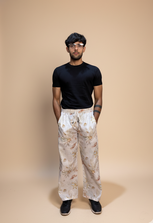 Floral Cream digital print poly linen pajama for men's