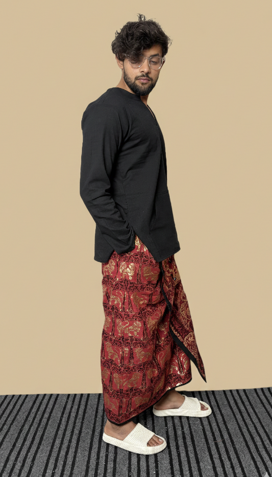 Men Red & black Stripe Lion foil print Motif Cotton Pajamalungi