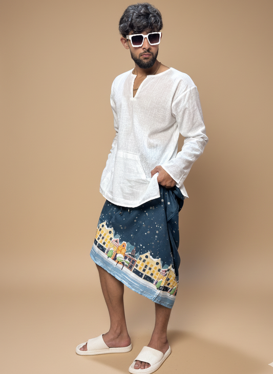 Men Blue Snow-City Print Pajamalungi