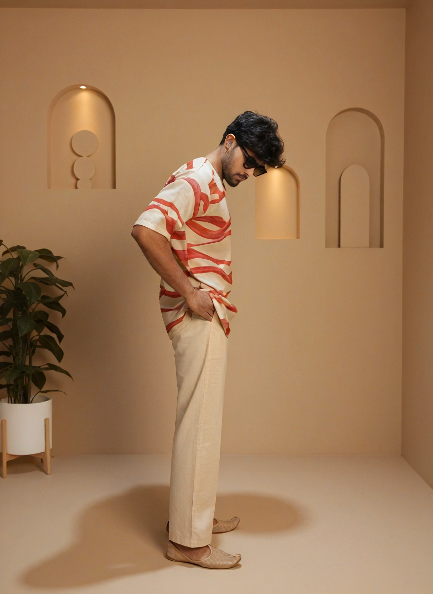 Beige Cream red wave kurta for men's