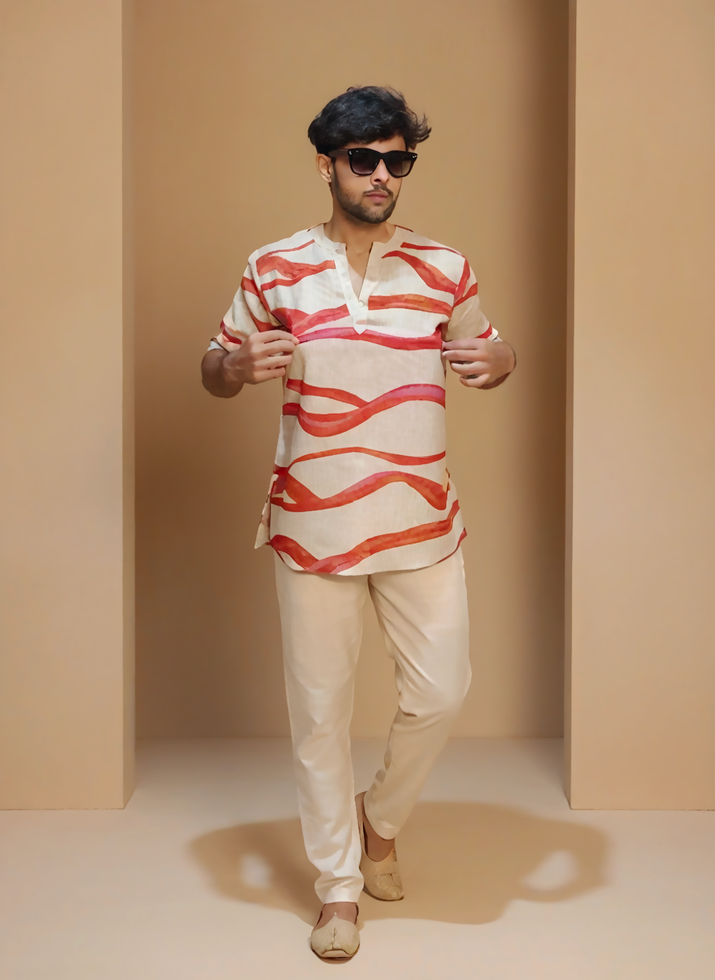 Beige Cream red wave kurta for men's