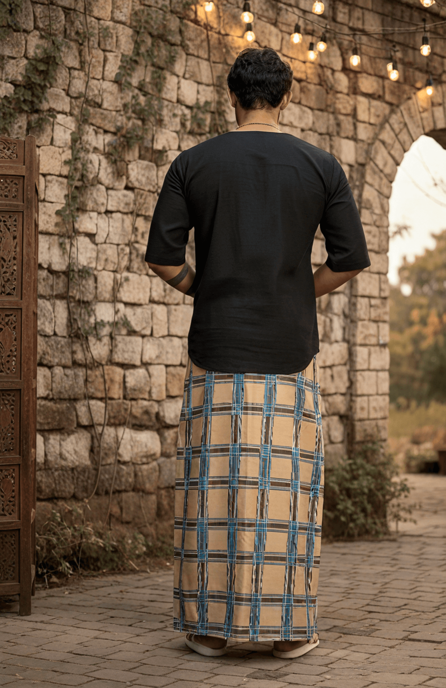 Beige and blue check digital print pajamalungi for men's