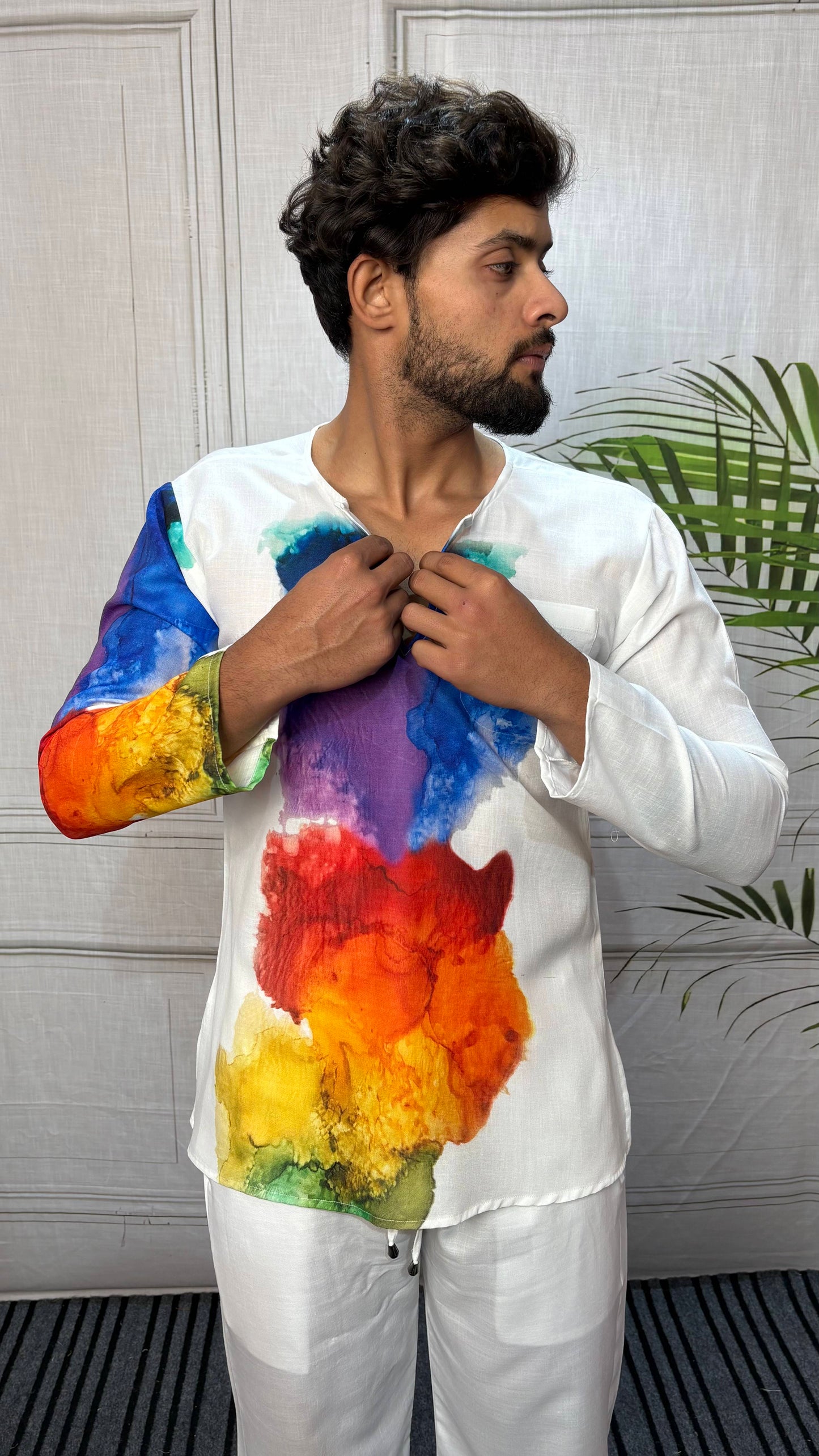 Men’s White Multicolor Abstract Print Kurta