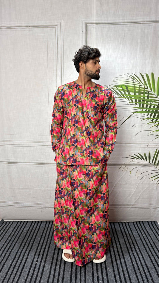 Men Band Collar Abstract Brushstroke Kurta