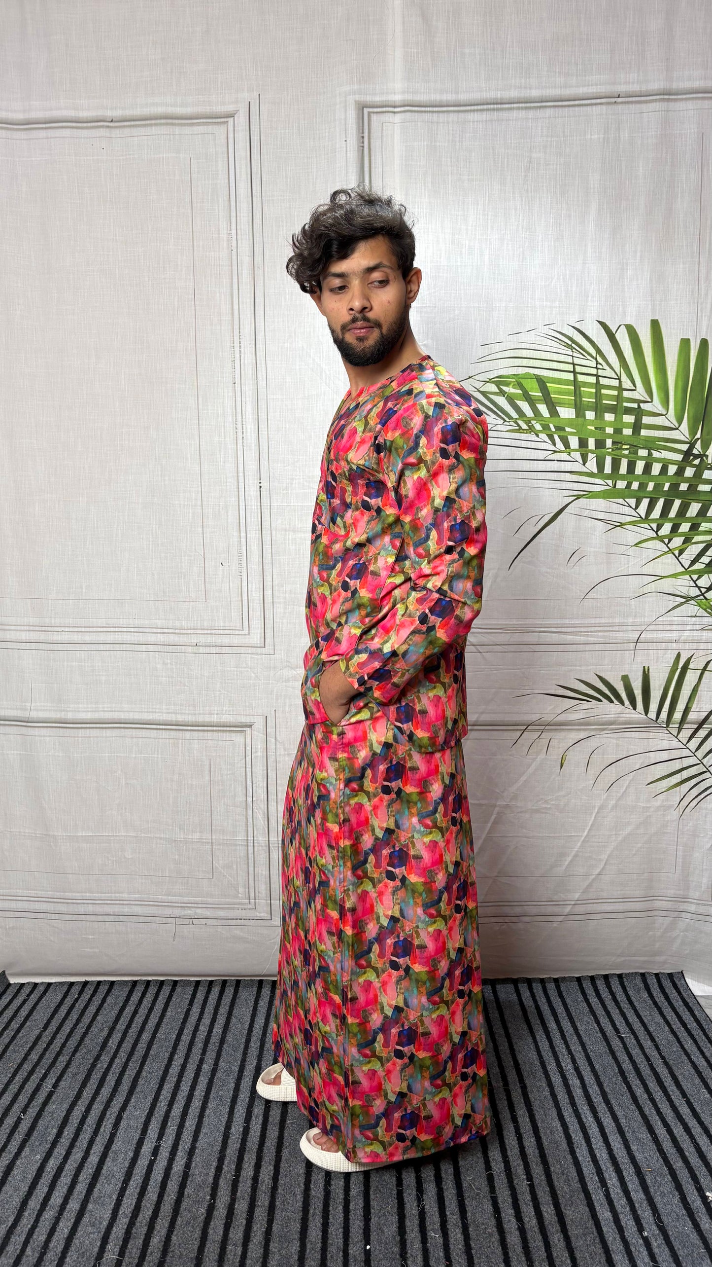 Men Band Collar Abstract Brushstroke Kurta