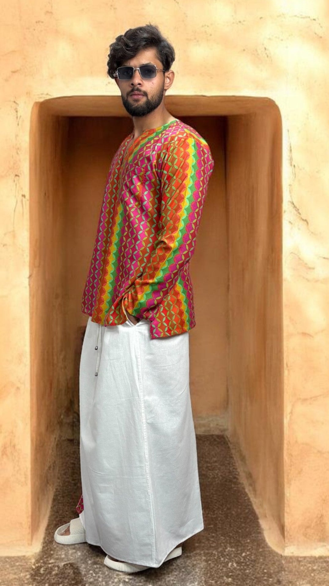 Men Pink–Orange Geometric Print Kurta