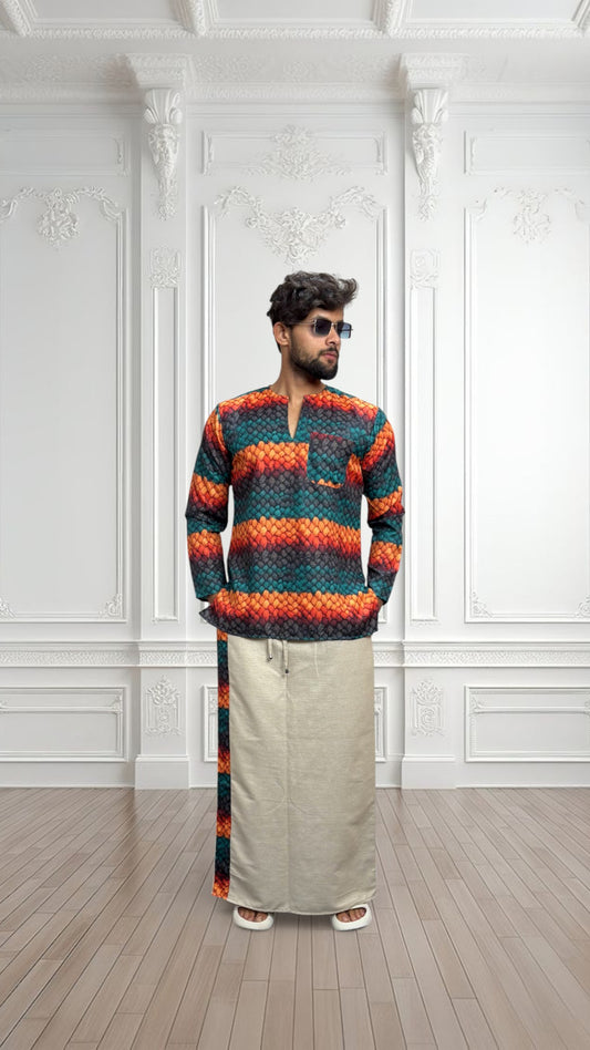 Men's Beige Color With Multicolor Textured Print Stripe Pajamalungi