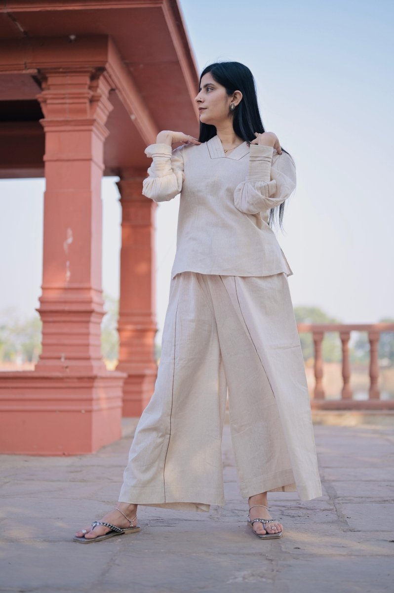 Beige V-Neck Gathered Cuff Top & Wide-Leg Pajama
