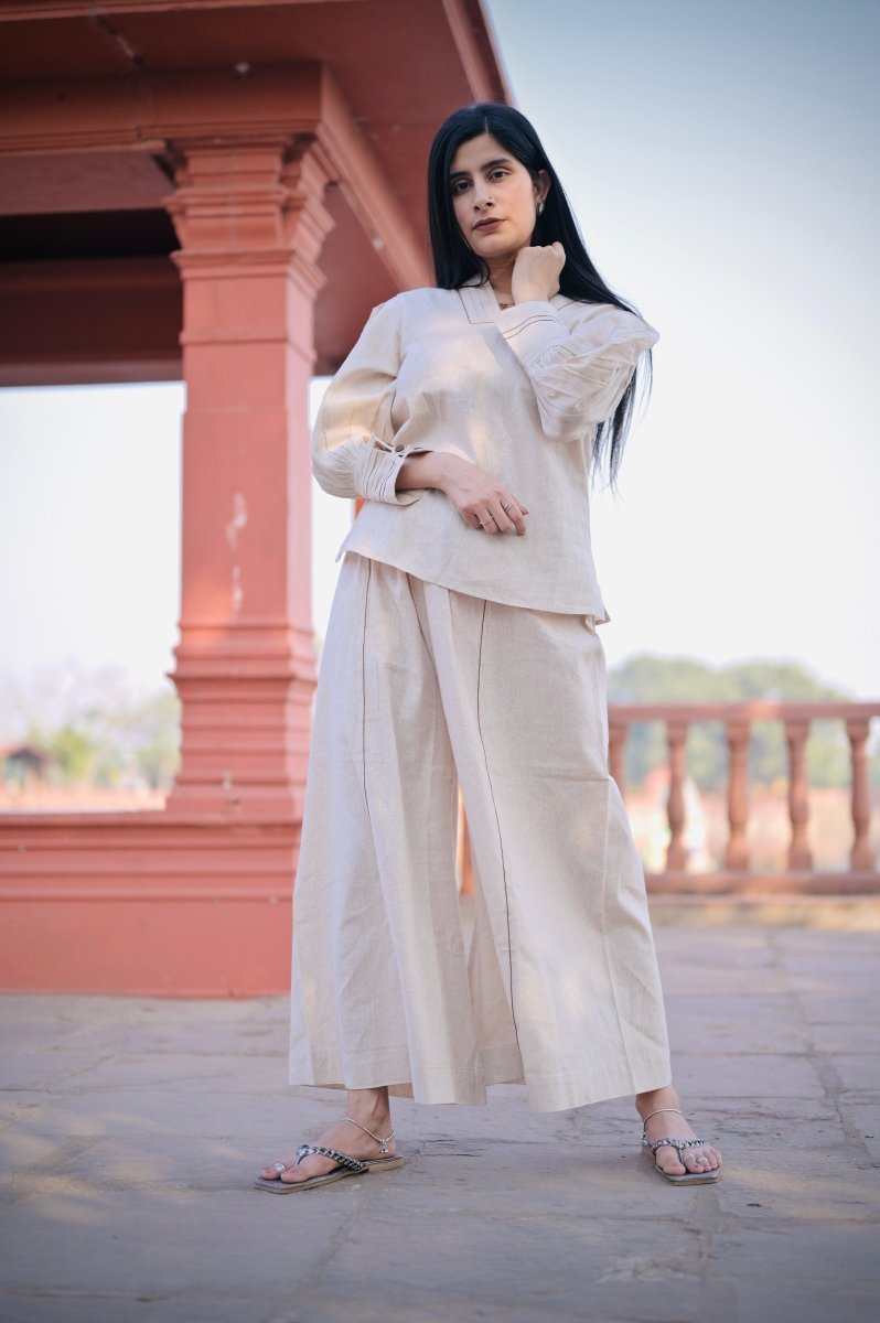Beige V-Neck Gathered Cuff Top & Wide-Leg Pajama
