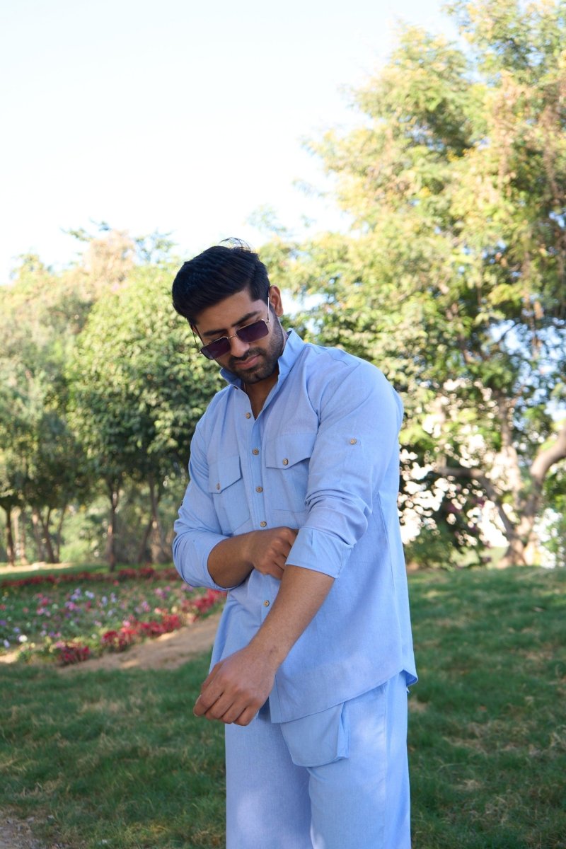Men’s Solid Light Blue Cotton Kurta