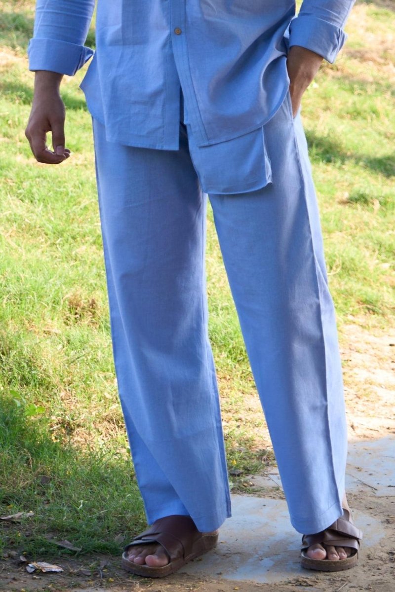 Men Solid Light Blue Cotton Pajama