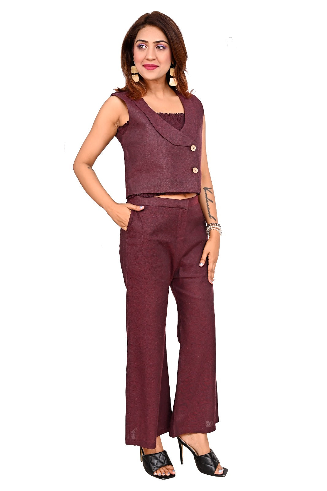 Wine Striped Sleeveless Co-Ord Set