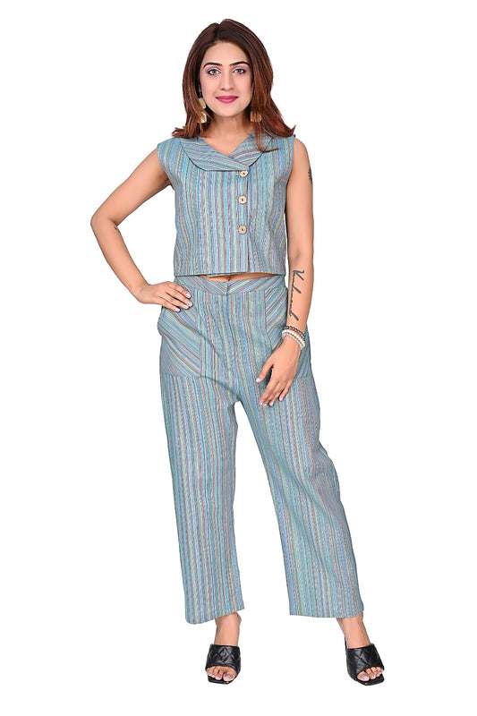 Sea Green Striped Sleeveless Co-Ord Set