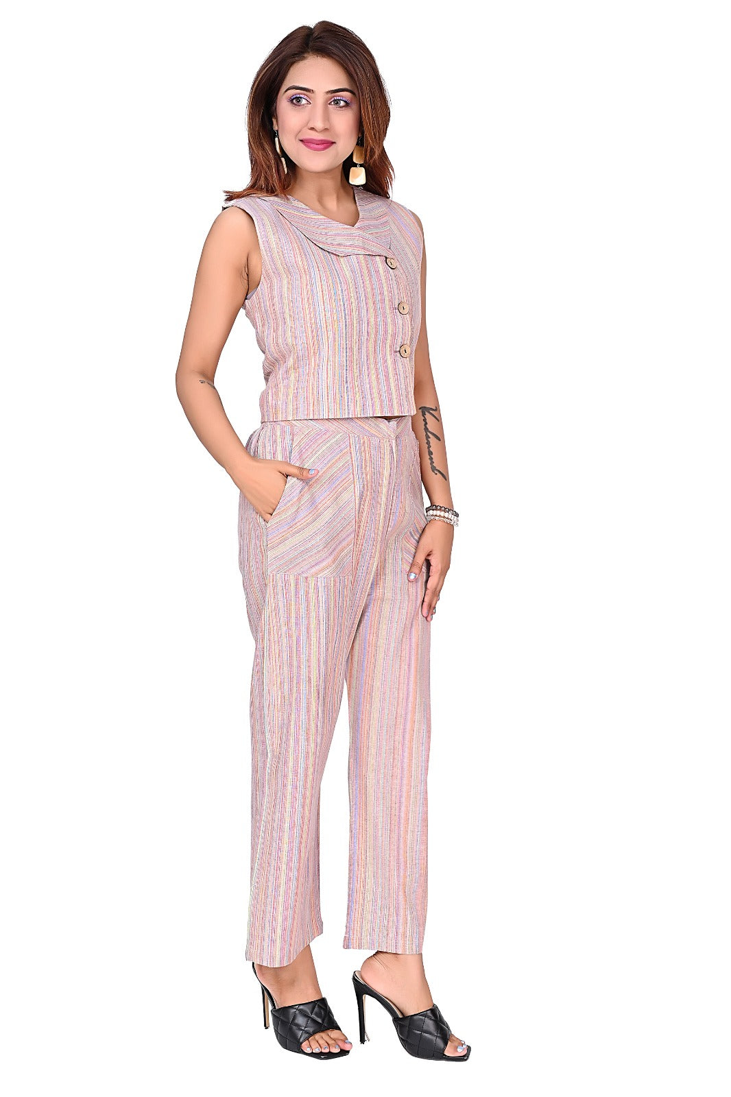 Nirmal online Premium Cotton Stripe co-ord set for Women in purple Colour