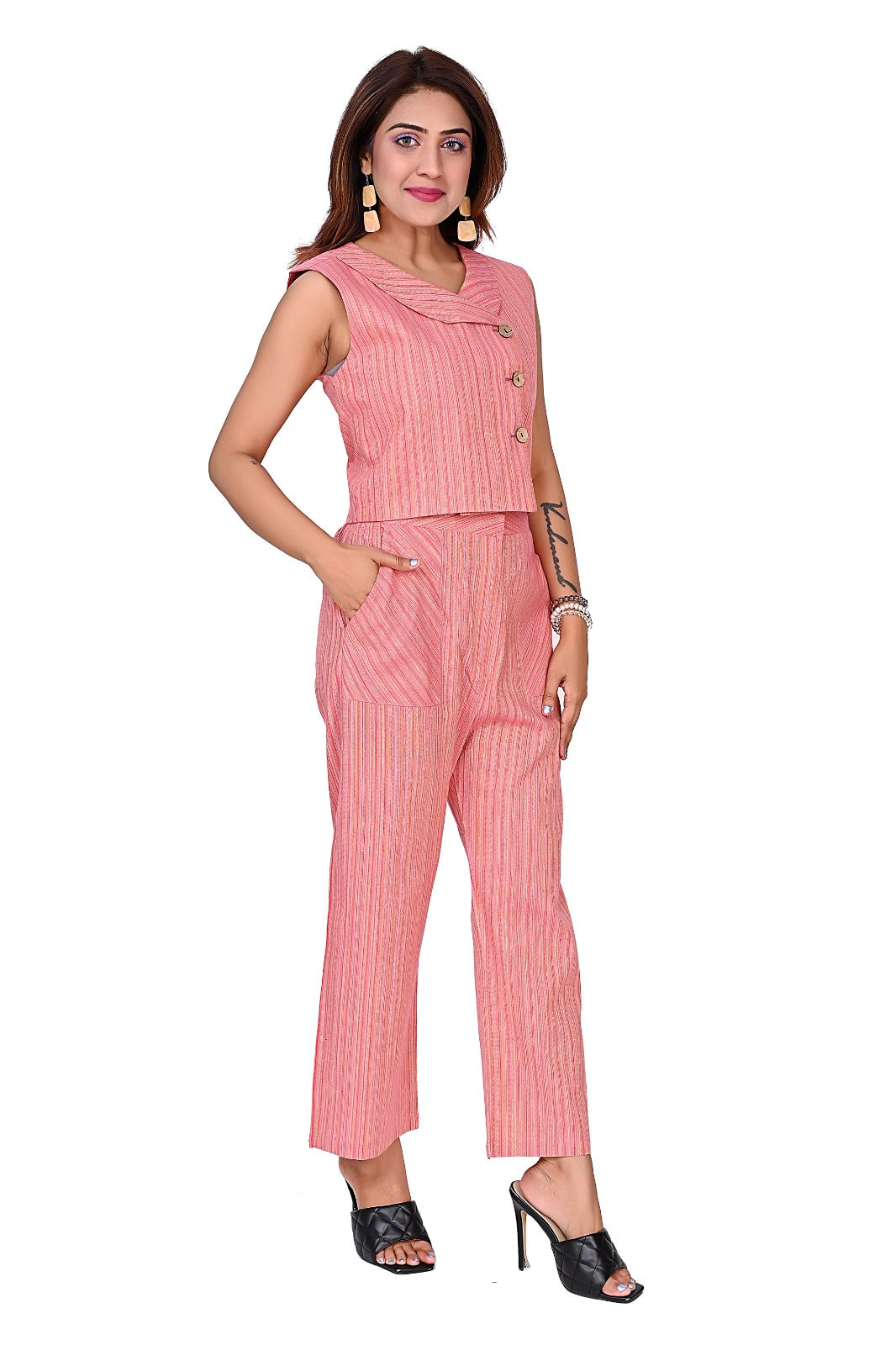Nirmal online Premium Cotton Stripe co-ord set for Women in pink Colour