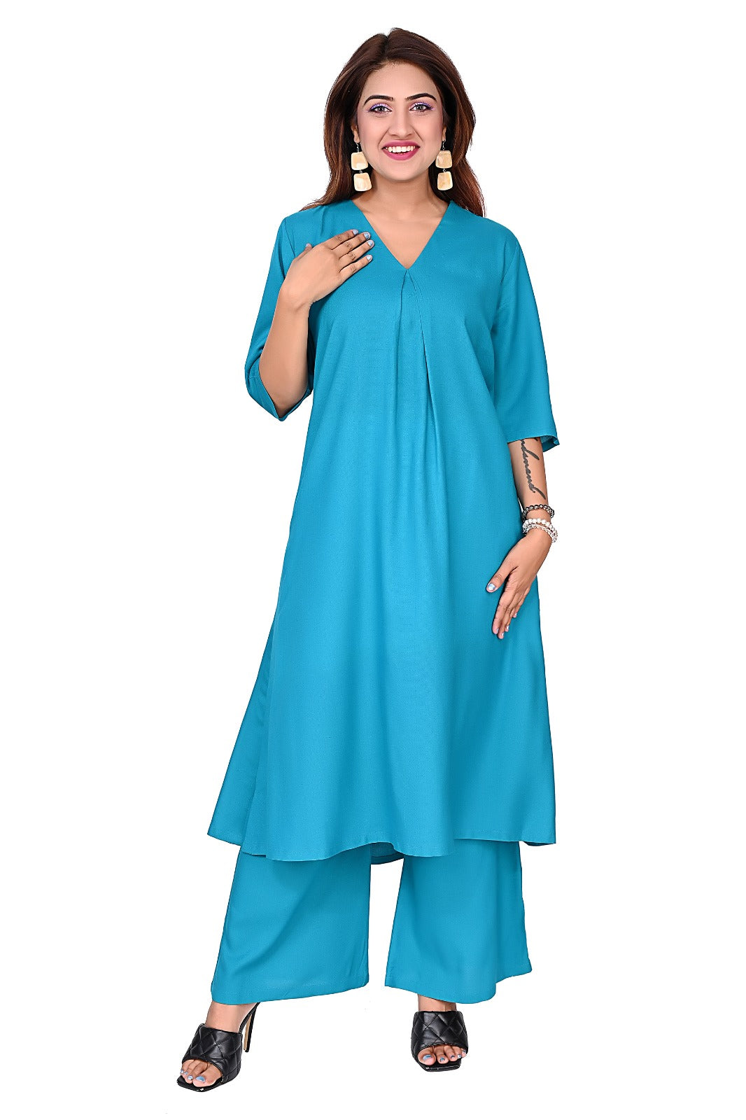 Nirmal online Rayon Premium quality fabric co-ord set kurti for Women in Teal blue colour
