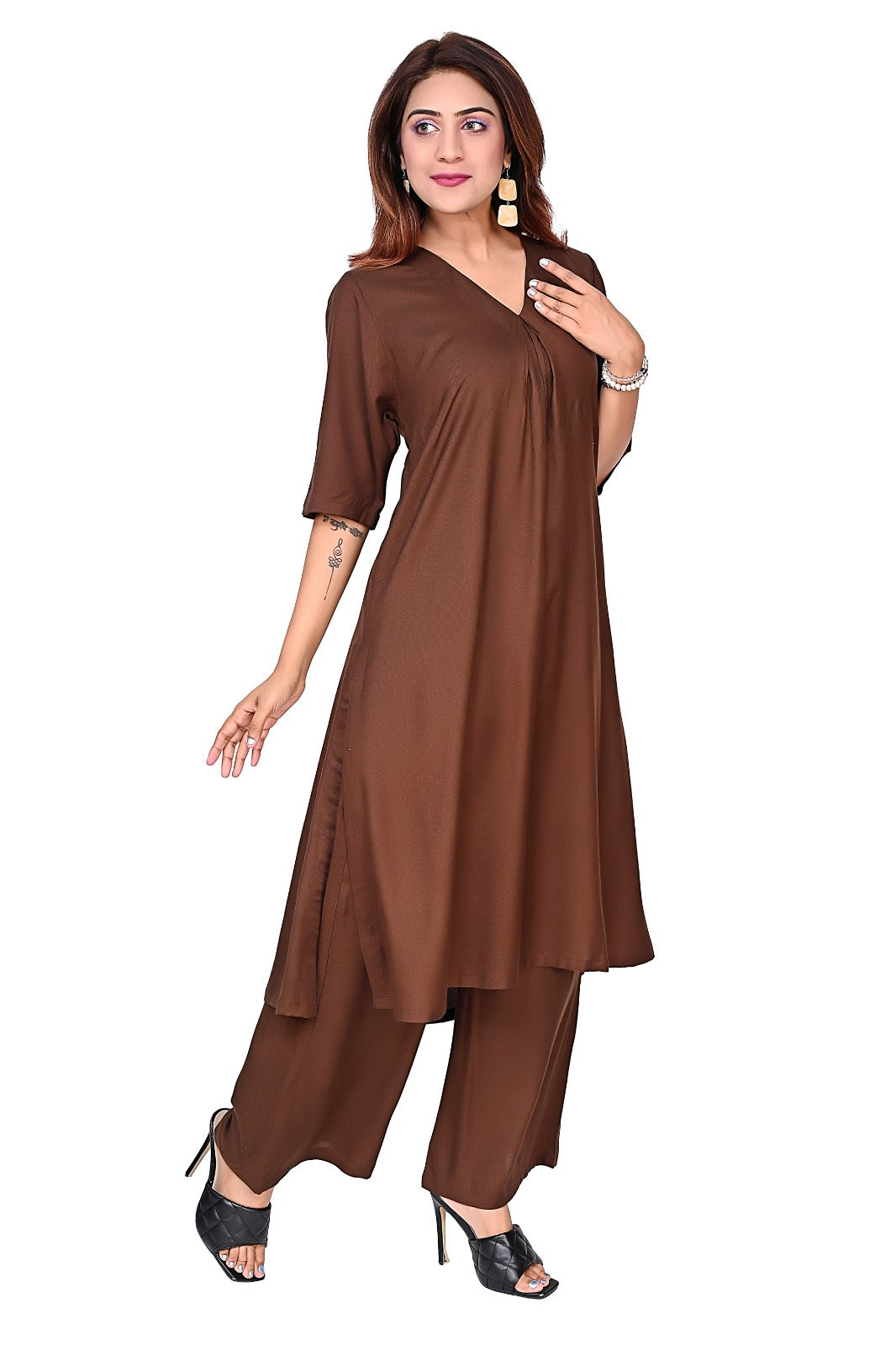 Nirmal online Rayon Premium quality fabric co-ord set kurti for Women in Brown colour