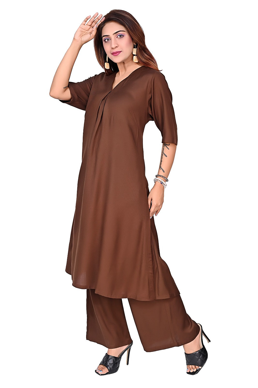 Nirmal online Rayon Premium quality fabric co-ord set kurti for Women in Brown colour