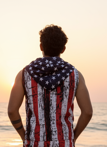 star and stripe print beach sleeveless co-ord set for men