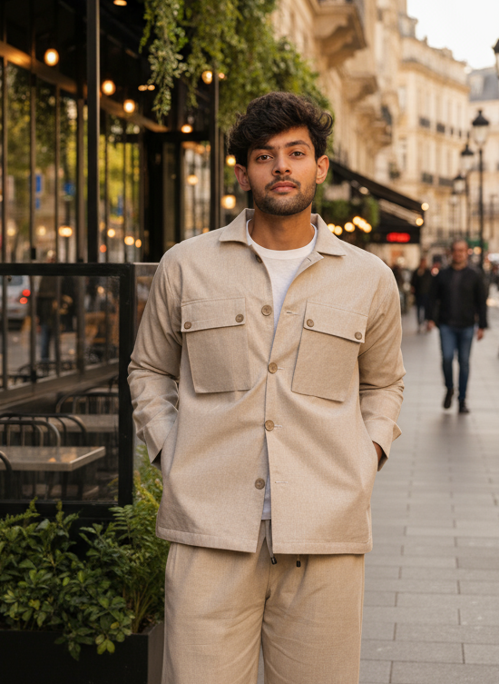 Men’s Casual Beige Blazer and Pajama Pant Set