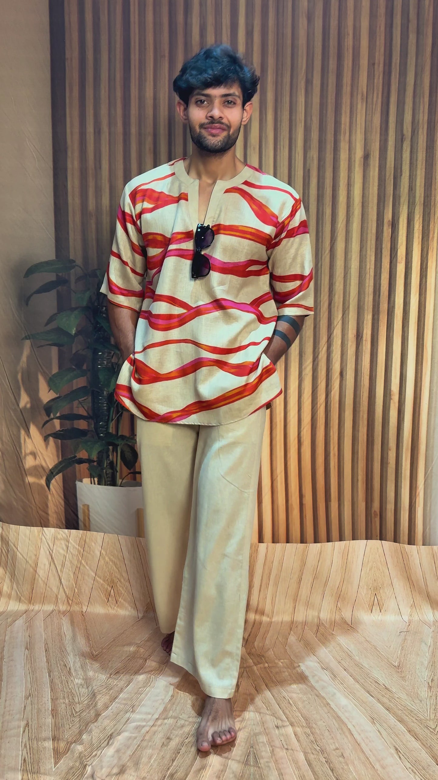 Beige Cream red wave kurta for men's