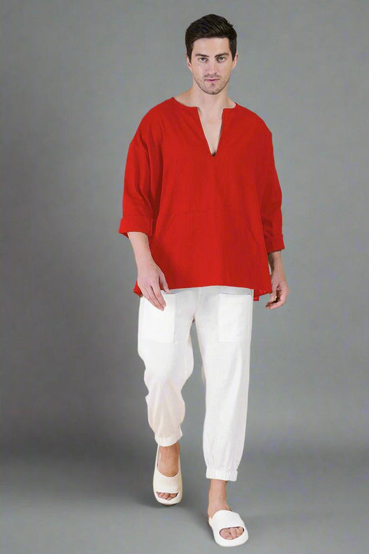 Red Off Shoulder Loose Cotton Kurta