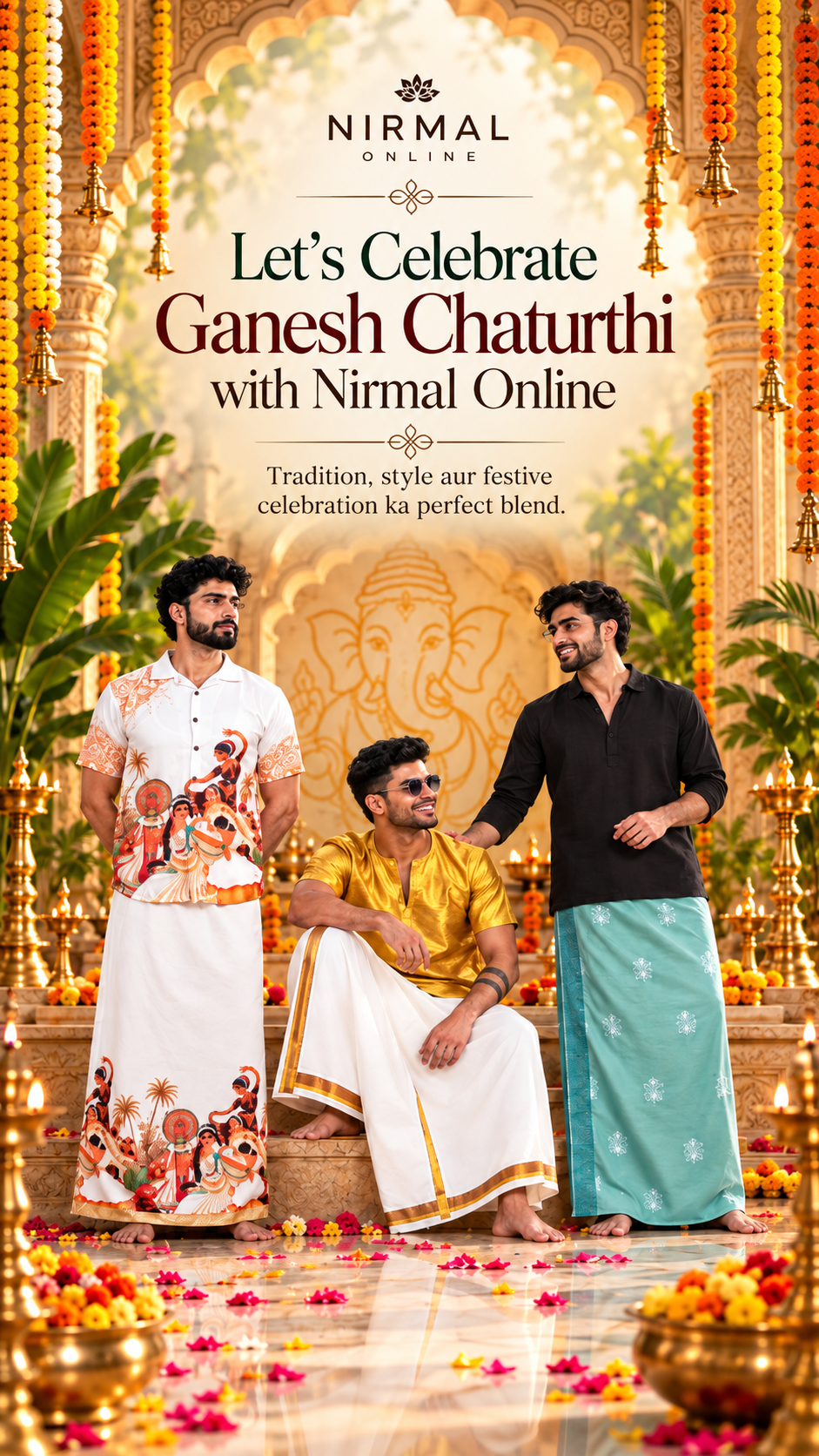 Nirmal Online Ganesh Chaturthi festive collection featuring traditional shirts, lungis and mundus