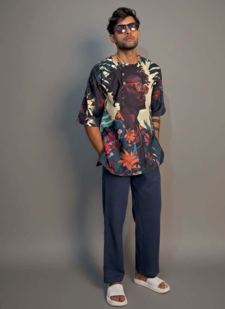 Men Half Sleeve Kurta – Afro Tribal Graphic Print (Black)