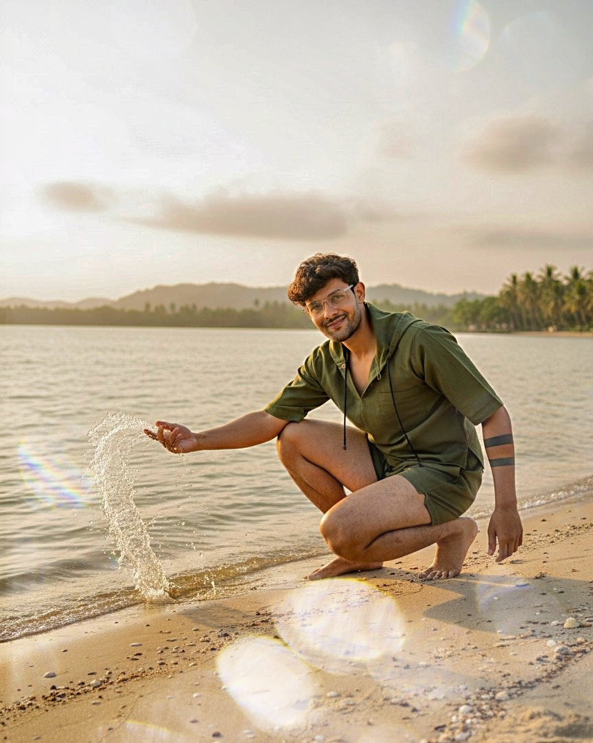 Olive Green Half Sleeve Beach Hoodie for Men – Limited Edition